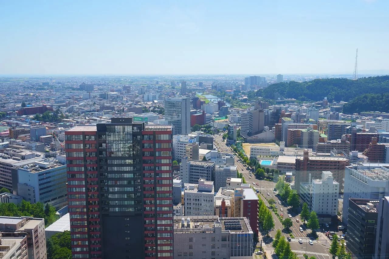 高層ビルから見下ろした晴天の仙台市街。手前に赤と黒の外壁の高層マンション、中央を並木の大通りが奥へ延び、右奥に川と緑の丘、遠くの平野まで市街地が広がる