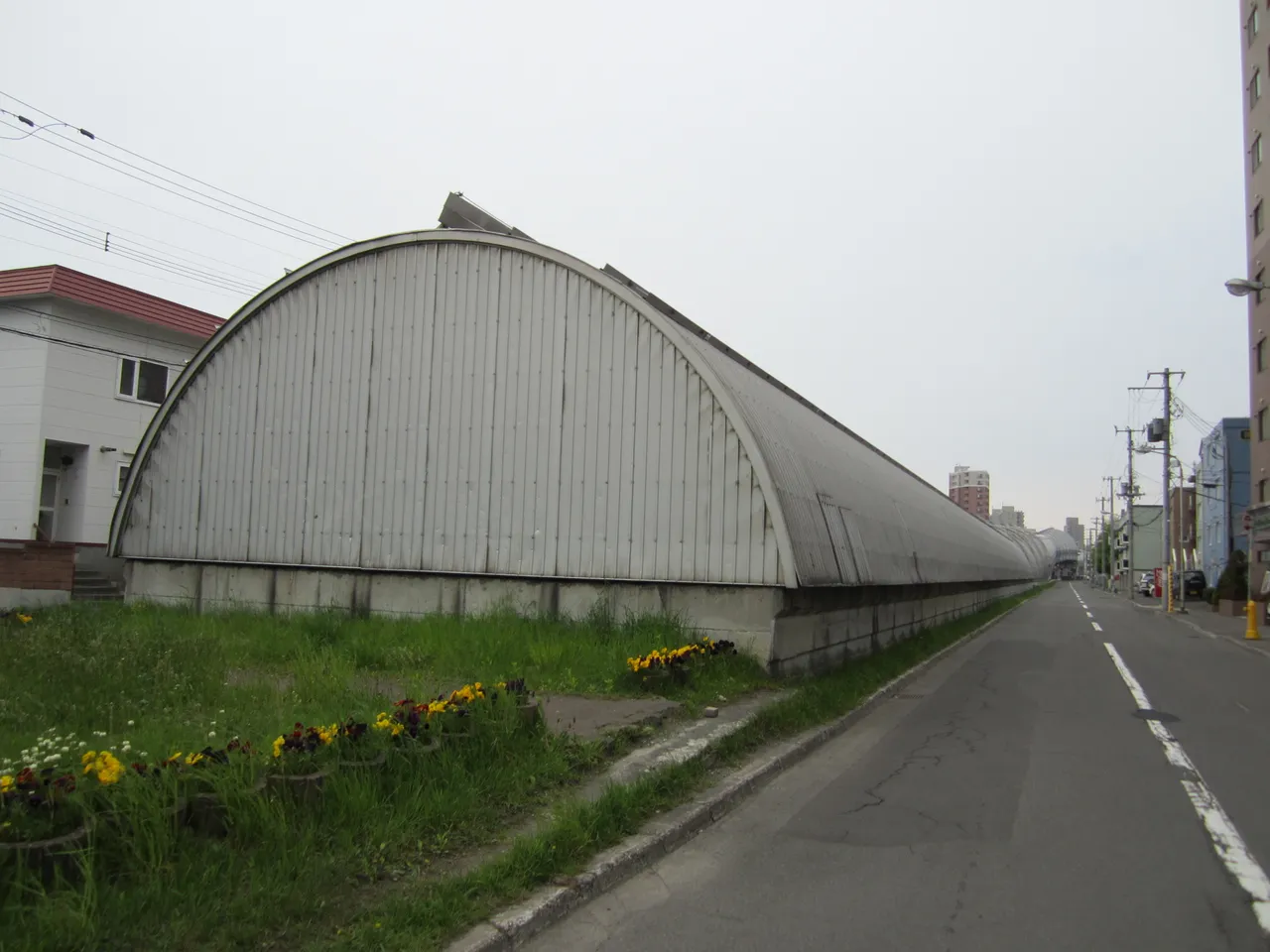 かまぼこ形をした灰色のシェルターが道路沿いにまっすぐ奥へ延びている。手前の草地に黄色や紫の花が咲き、右に白線の引かれた道路と電柱、奥にマンションが見える