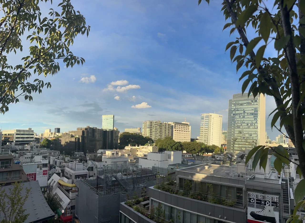夕方の青空の下、原宿駅の高所から見下ろした神宮前の街並み。低層から中層のビルが密集し、奥に高層ビルと緑の木立が見える。左右の手前に木の枝と葉がかかる
