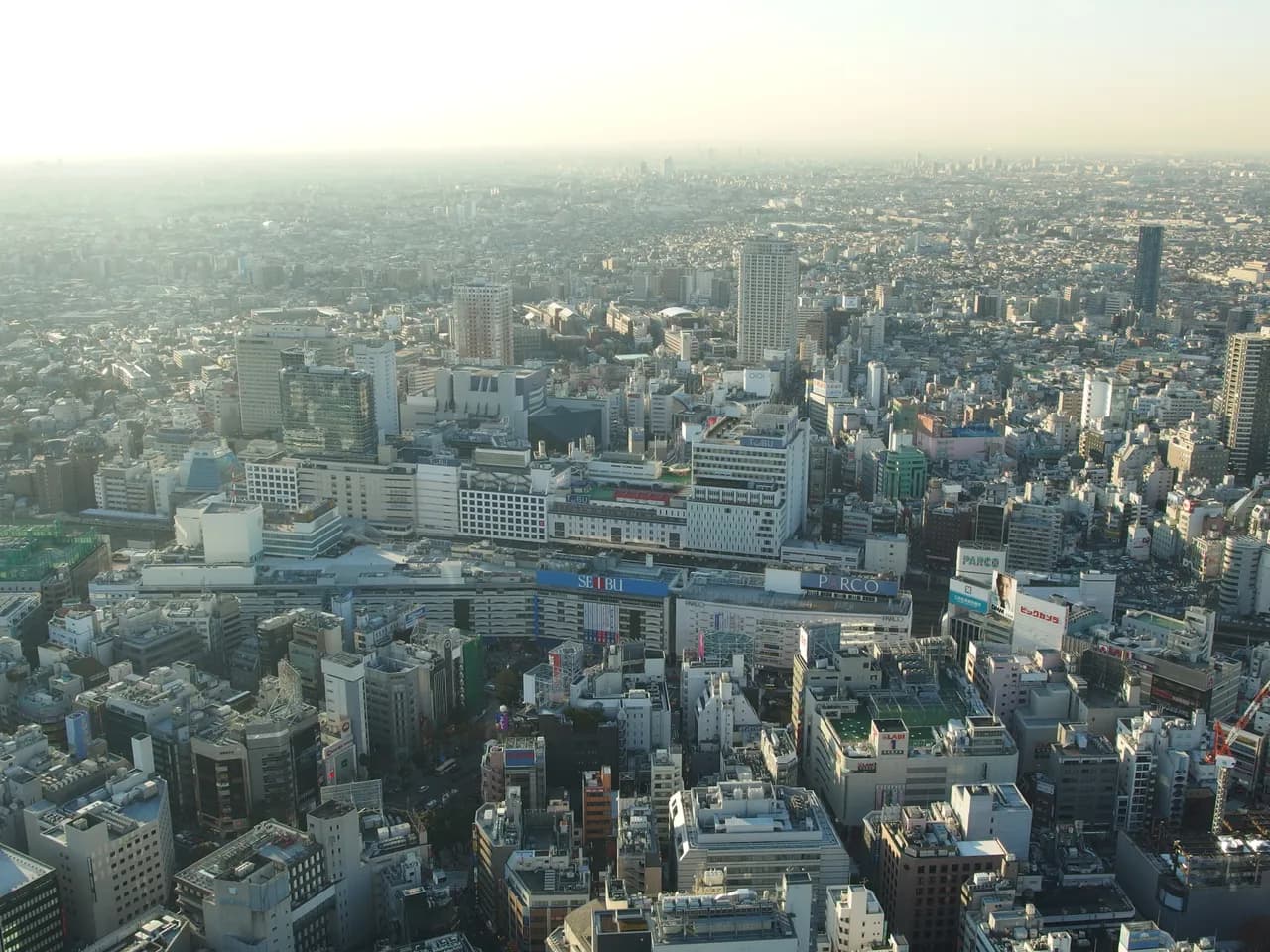 晴れた冬の午後、高層ビルの展望台から見下ろした池袋駅周辺。中央に横長の駅ビルと百貨店が並び、その手前と奥に中低層のビルと住宅が地平線まで密集して広がる