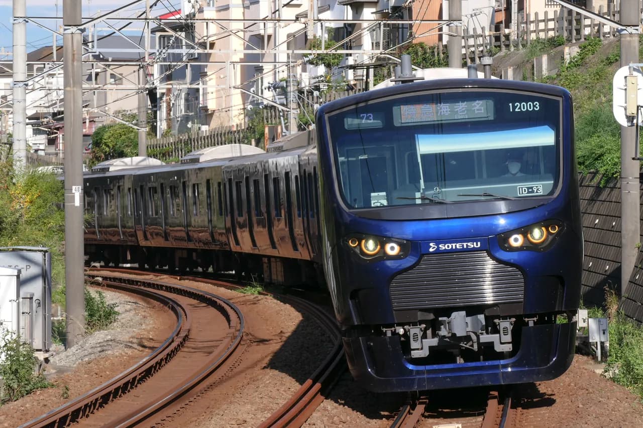 住宅の並ぶ斜面に沿ってカーブする線路を、濃い青の車体の相鉄の電車が正面からこちらへ走ってくる。行先表示は「特急 海老名」。左に架線柱、右に緑の斜面がある